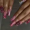 Bryxora 24 Unghie Press On Lunghe Quadrato - Unghie Artificihe French Tip con Fiori Rossi e Design 3D, Set di Unghie Acriliche Artigianali per Donne e Ragazze