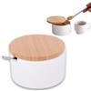KOOK TIME Zuccheriera e Formaggiera da Tavola con Cucchiaino, Bambù, Bianco | Ceramica con chiusura in legno e posate in acciaio inox, per zucchero, formaggio o spezie, 12.5 cm