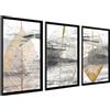DekoArte - Quadri moderni soggiorno foglia 50x70 cm x3 pezzi con cornice | Set 3 quadri con cornice nera, stampa astratta geometrica in toni grigio, bianco e dorato, pronti da appendere