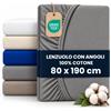 BCSHOP Lenzuolo Sotto Singolo con Angoli 100% Grigio di Cotone 125 GSM, con Elastico Perimetrale, Certificato Oeko-Tex Standard 100, per Materassi fino a 30 cm