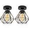 URing Lampadario a sospensione Plafoniera vintage E27, Lampadario Soffitto Industriale Metallo Gabbia ferro, Retro Geometrico illuminazione per soggiorno Corridoio Portico Camera da Letto,Nero