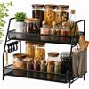 BADCRIS Porta Spezie da Appoggio per Cucina in Metallo, 36x32x14 cm, Nero | Organizzatore Salvaspazio Cucina Spezie, Scaffale 2 Livelli con Cestino Laterale e 4 Ganci per Piano di Lavoro, Bagno,Ufficio