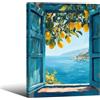 PDFI Poster artistico da parete su tela con cornice con vista sulla finestra mediterranea con limoni costieri stampe blu paesaggio marino moderno paesaggio naturale immagini per camera da letto soggiorno