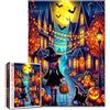 Tucocoo Puzzle strega di Halloween, 1000 pezzi per adulti, puzzle di villaggio di zucca, lanterne Jack O e puzzle di gatto nero, opere d'arte autunnali colorate, decorazione da parete per la casa, 40 x 70 cm