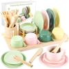 GAGAKU Accessori da cucina in legno, set di stoviglie da 25 pezzi con supporto integrato, set di piatti colorati per la cucina dei bambini, giocattolo di ruolo Montessori a partire dai 3 anni
