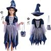 Sobzia Costume Halloween Bambino Costume da Strega per Bambina, Costumi di Carnevale Cosplay Set 4 Pezzi con Vestito Cappello Bacchetta Borsetta per Halloween Carnevale Spettacolo Festa 4-14 Anni