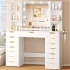YUNSCEND Grande Postazione Trucco,Tavolo da Trucco con Specchio e Luci LED | Luminosità Regolabile,Toeletta da Trucco con Piano in Vetro,Prese,15 Cassetti,Deposito Gioielli,Moderna,Bianco,EXFST009A