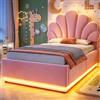 Autheria Letto imbottito 90 x 200 cm con rete a doghe e testiera a forma di fiore, letto con contenitore, sollevamento idraulico e illuminazione a LED, velluto rosa