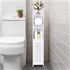 powerking Porta carta igienica, piccolo armadietto da bagno con ante e ripiani, sottile multistrato per bagno, piccoli spazi, pavimento angolare, bianco
