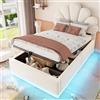 Autheria Letto imbottito 90 x 200 cm con rete a doghe e testiera a forma di fiore, letto singolo con contenitore, sollevamento idraulico e illuminazione a LED, velluto beige