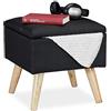 Relaxdays Sgabello con Contenitore, Rivestimento in Lino Sintetico, Gambe in Legno e Coperchio, HLP: 40x40x40 cm, Nero