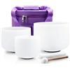 Hye-eun Set di 3 campane tibetane in cristallo, 432 Hz, 8 A/10 E/12 C, bianco opaco, al quarzo, con custodia per il trasporto per yoga Sound Healing