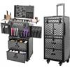 Caskunbsy Valigia per il trucco 4 in 1 con ruote a 360° Valigetta cosmetica professionale in alluminio carrello da viaggio con serratura di grande capacità per parrucchiere ed estetista