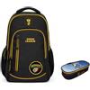 PRESTIGE & DELUXE Zaino Tondo 3 scomparti - King League Patch Intercambiabile - per la scuola primari Bambini + Astuccio STALLIONS ovale zip + Kit penne e portachiave calcio
