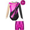Oyolan Body da ginnastica per bambini con pantaloncini da ginnastica e pattinaggio da danza per spettacolo, costume da 5-16 anni, rosa acceso, 9-10 Anni