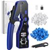 Proster Pinza Crimpatrice RJ45 Pass Through Multifunzione Spelafili per Cavo Rete RJ45 Cat6 Cat5 Cat5e Kit Strumento Crimpatura con 50pz Connettori Cat6 e Coperture di Protezione Blu
