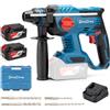 Dong Cheng DongCheng - Martello perforatore a batteria, 20 V, energia di impatto 2,1 J, con 4 pezzi SDS-plus, foratura fino a 28 mm, motore senza spazzole, manico anti-vibrazione, con 2 batterie da 4 Ah e