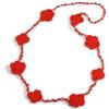 Avalaya Collana lunga fatta a mano con fiori rossi all'uncinetto e perline di vetro, leggera, 100 cm di lunghezza, Nessuna pietra preziosa