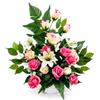 DRW Centro di fiori artificiali rosa fucsia e bianco per chiese, cimiteri e celebrazioni con giglio e rose, 60 x 15 x 60 cm