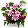 DRW Centro di fiori artificiali viola malva per chiese, cimiteri e celebrazioni, con boccioli e gigli, 50 x 15 x 60 cm