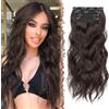 FESHFEN Extension Capelli a Clip - 4PCS Lunga Ondulati Capelli Estensioni Clips Ricci Sintetici Posticci Capelli Extensions con Clip per Donna 50 cm Castano Cioccolato misto a Castano Scuro