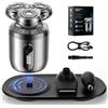 iWarmbase Mini Rasoio Elettrico Barba Uomo, 3 in 1 Shaver Set Wet & Dry | Rasoio Rotativo 3D, tagliapeli naso, testina flessibile a 360°, dock di ricarica, display LED, IPX7, umido e asciutto