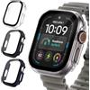 NEWZEROL 3 Pezzi Cover Compatibili per Apple Watch Ultra 4/3/2/1 | [AntiGraffio] Vetro Temperato Integrato Custodia per PC, HD Protezione Totale Custodia - Nero/Trasparente/Blu