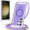 Niokfrci Magnetica Cover per Samsung S24 Ultra con Cordino, Compatibile con MagSafe, Design Bling Glitter Fluorescente, Sottile Traslucida Opaca Custodia con Viola Corda Collana Tracolla per S24 Ultra