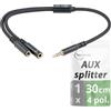 fouraces AUX y splitter - 4 poli, sdoppiatore cuffie corto - 30 cm - 3,5 mm - 2 connessioni per cuffie per PC, PS4, microfono - jack crossover, splitter audio