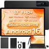 ANTIOXID Tablet 13 Pollici Android 16,Octa-Core 2,0GHz,12GB Fisica+24GB Estensione(36GB Totale)+512GB ROM,Doppia SIM 4G LTE & WiFi 5G,11580mAh/ 20W,GPS & Gemini AI, Tastiera Staccabile