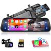 Podofo Specchietto Retrovisore Dash Cam 9.66 IPS Touch Screen Con Wireless Carplay, Android Auto, Dual 1080P Dashcam, 2 Schermi Divisi