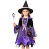 Generico Costume Da Strega Per Bambina Set 4 Pezzi Con Vestito Cappello Bacchetta Borsetta Per Halloween Carnevale Spettacolo Festa 4-15 Anni