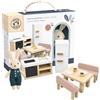Speedy Monkey Set da cucina per casa delle bambole, tavolo da pranzo, 4 | tavolo da pranzo, sedie e frigorifero, morbido coniglietto di lino, mobili in legno FSC, accessori per la casa delle bambole