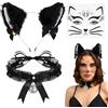 Meleager Cerchietto Orecchie Gatto con Collare e Tatuaggio Viso Neri, Accessori per Capelli da Gatti di Peluche, Set di Cat Cosplay Donna per Halloween, Carnevale, Festa Costume