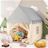 COSTWAY Tenda da Gioco per Bambini, Casetta per Bambini con Struttura in Solido Legno, Tappetino di Cotone, Tenda a Rete e Finestre, 105x120x140 cm (grigio e beige)