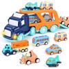 Weinsamkeit Camion Giocattolo per Bambini 7 in 1 con 6 Piccoli Veicoli | Trasportatore con luci e suoni, aereo, taxi, scuolabus, autobus urbano, camion da trasporto e auto da corsa
