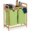 Relaxdays Scaffale Portabiancheria, Mobiletto da Bagno in Bambù con 2 Sacchi Rimovibili 73 x 64 x 33 cm, Marrone Verde
