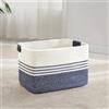 MYHOMMATTO Piccolo Cesto per biancheria intrecciato in corda di cotone, 45L, con manici in cuoio, per coperte, vestiti, giocattoli, per lavanderia, camera bambini o soggiorno, 45x35x27 cm, bianco e blu