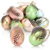 COM-FOUR® 12x Uova di Pasqua da appendere 7 x 4 cm, elegante decorazione | uova di Pasqua colorate con piume e perline di legno dall'aspetto lucido