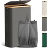 Youdenova Cesto portabiancheria con coperchio, 48 l, alto e stretto, con sacco per la biancheria, pieghevole, in legno di bambù, grigio scuro