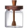 hiwafifi Vaso per miele in vetro con mestolo e coperchio, barattolo ermetico per miele da 400 ml con coperchio in legno di acacia, dispenser per sciroppo di caffè, contenitore per honeypot, regalo per