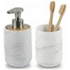 KOOK TIME Dispenser Sapone Bagno, Bicchiere Porta Spazzolini, Set 2 Pezzi | Resina bianca effetto marmo e bambù naturale, pompa in lega di zinco inossidabile, per lavabo o cucina