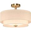 XiNBEi Lighting Lampada da Soffitto Semi Incassata in Lino 40cm Ottone | Lampadario Doppio Tamburo 3 Luci, Paralume Tessuto Lino, E27, Lampade da Soffitto Moderne per Camera da Letto Cucina Ingresso