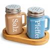 AG Set saliera e pepe con vassoio in bambù - Spargitore in vetro con coperchio in acciaio inox - Design retrò accessori da cucina e decorazione da tavolo - perfetto come idea regalo per cucina