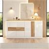 Kebnor Credenza 140 x 35 x 70 cm in MDF con 4 ante e illuminazione LED RGB, effetto rovere bianco lucido, con ripiani regolabili, controllo vocale e app per soggiorno, sala da pranzo