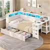 AOGLLATI Letto Singolo 90x200 cm con Scrivania e Spazio Contenitivo, Beige | Testiera imbottita, LED multifunzionale, Stazione di ricarica, 2 cassetti, Ripiani aperti, Tasca laterale, Senza materasso