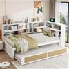 Oxtao Divano letto in legno massello 90 x 200 cm con letto estraibile, multifunzionale singolo con molti scomparti e porta di ricarica (bianco con letto estraibile, 90 x 200 cm)