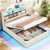 AOGLLATI Letto Matrimoniale 140x190 con Sollevamento Idraulico Beige | Letto Sollevabile con Contenitore Letto Imbottito con 270° LED Testiera Imbottita con USB Struttura Sommier Lino