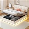 ZHDOKA Letto matrimoniale con LED,160 x 200 cm letto funzionale con testiera imbottita e spazio di archiviazione, letto baule con rete a doghe per adulti e adolescenti, beige, velluto