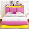 Brinlawb Letto 140x200 cm Fluttuante con Testiera Imbottita, LED e Ricarica, Rosa | 2 prese AC, 1 USB-A e 1 USB-C; doghe in legno massello; 60.000 colori LED regolabili via APP; testiera con vano portaoggetti.